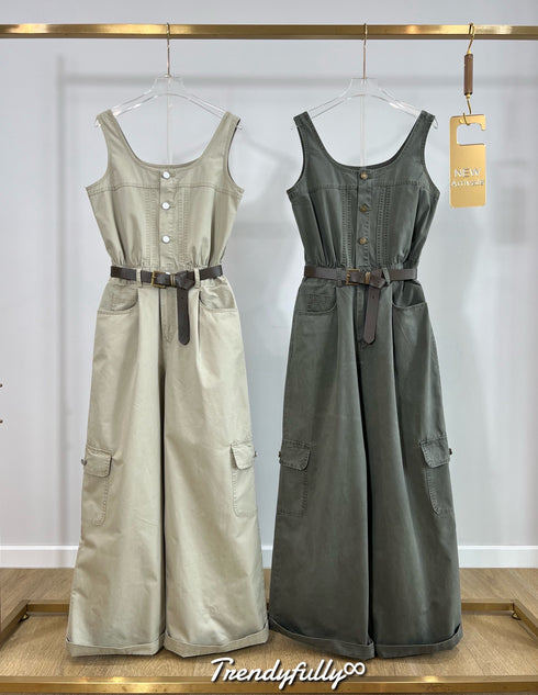 Wide Neck Sleeveless Belted Loose-wear Jumpsuit
